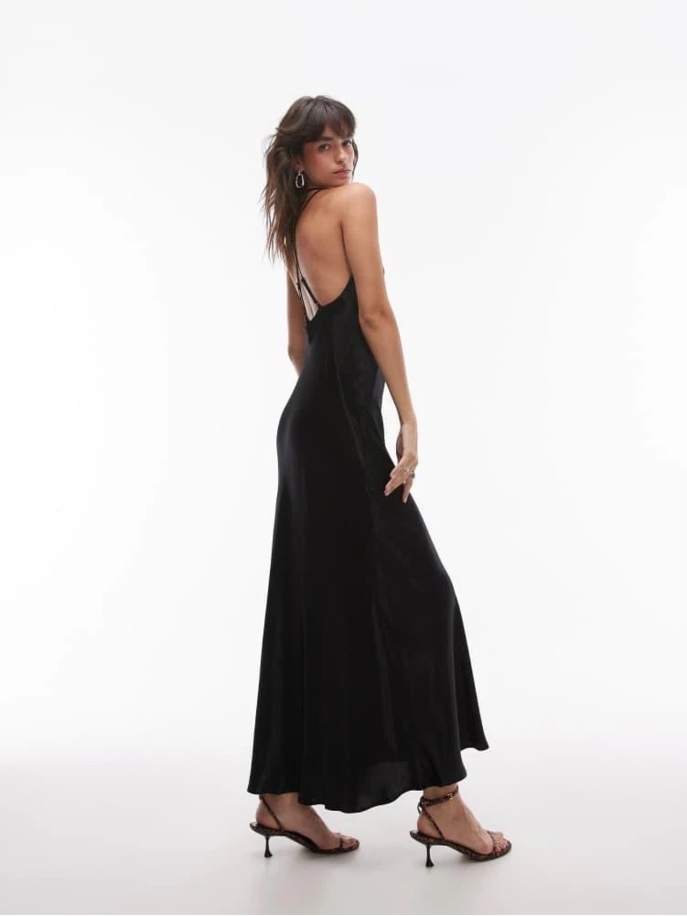 Topshop Deep V Open Back Midi Dress in Black 14